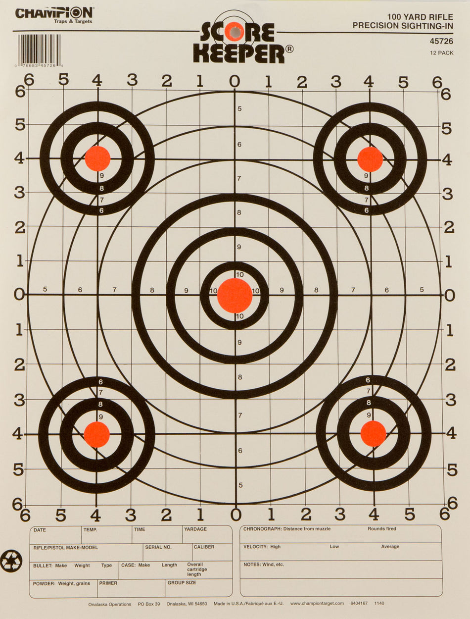 Champion Targets 45726 Score Keeper Bullseye Paper Hanging 100 yds Pistol/Rifle 14" x 18" Multi-Color 12 PK