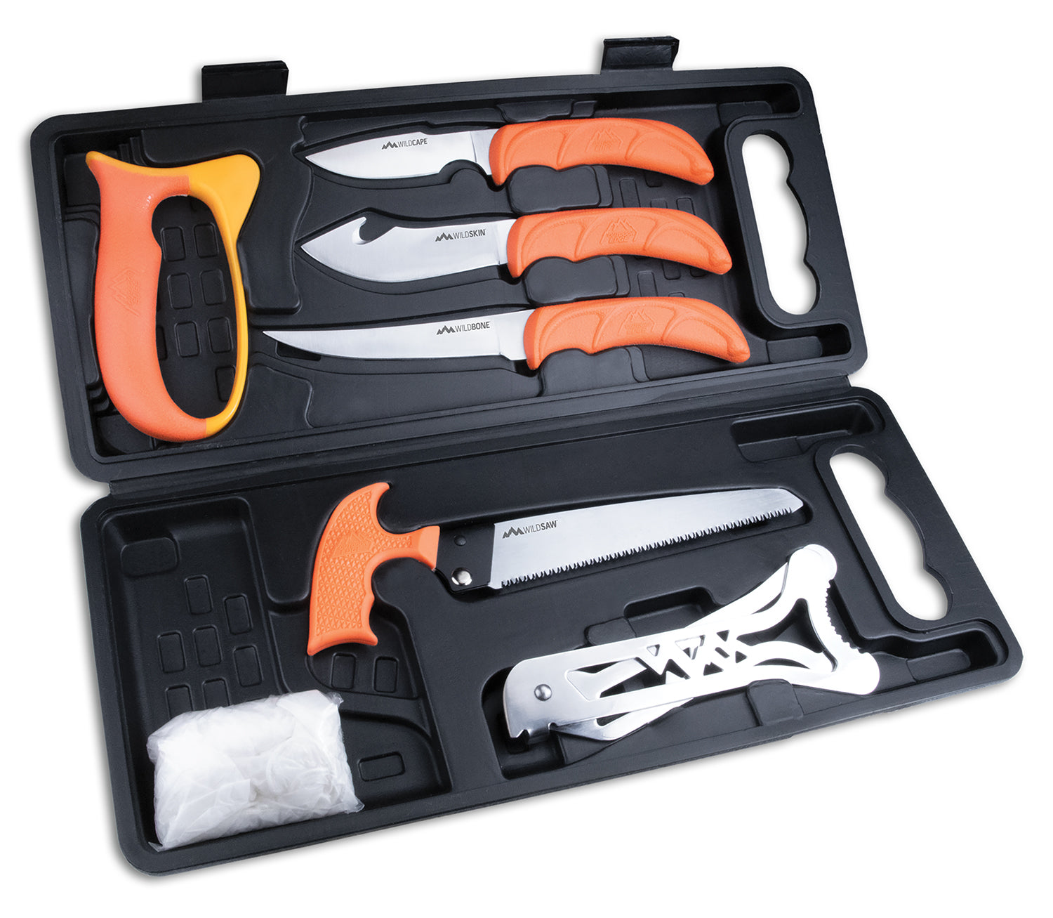 Outdoor Edge WP2 Wild Pak Multiple Skinner w/Gut Hook/Saw/Caper Plain/Saw 420J2 Stainless Steel Blade FRN Orange Handle