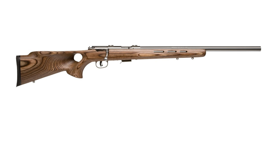 Savage Arms 94725 93 BTVS Full Size 22 WMR 5+1 21" Satin Stainless Heavy Barrel, Satin Drilled & Tapped Stainless Steel Receiver, Natural Brown Thumbhole Laminate Stock, Right Hand