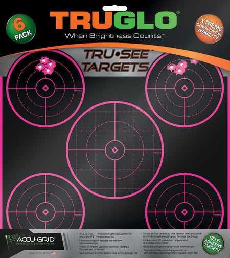 TruGlo TG11P6 Tru-See 5-Bull Target Self-Adhesive Heavy Paper Black/Pink 12"x12" 6 Pack