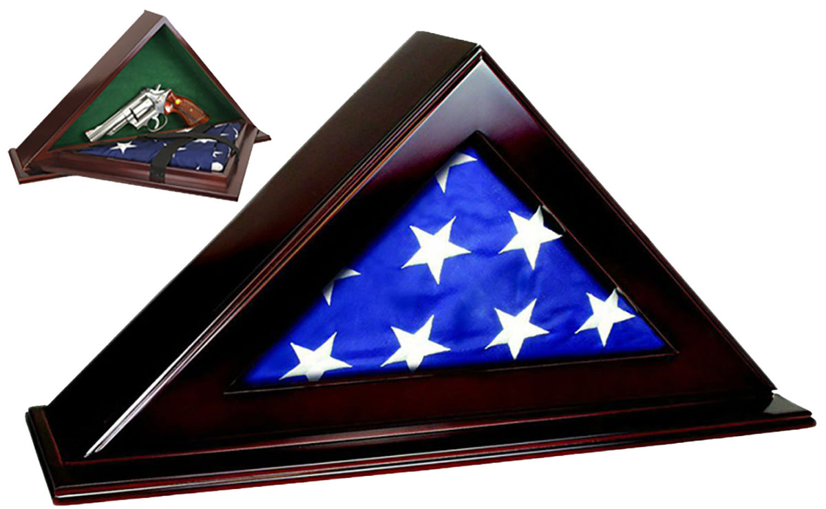 Peace Keeper PFC Patriot Flag Case Key Entry Mahogany Stain Wood Holds 1 Handgun 22" W x 4.25" D x 11.50" H
