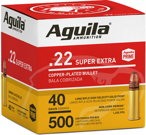 Aguila 1B221115 Super Extra Hi-Velocity Copper Plated Solid Point 40 Grain .22 Long Rifle 1255 fps