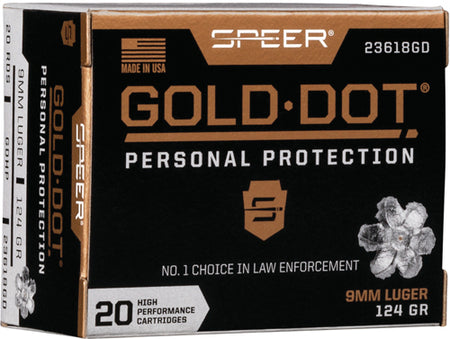 Speer 9mm Luger / Parabellum Gold Dot Personal Protection 124gr JHP Ammo