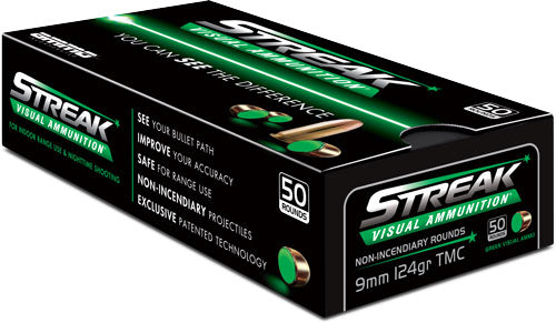 Ammo Inc 9124TMCSTRKGRN50 Streak Visual (GREEN) Total Metal Case 124 Grain 9mm Luger/Parabellum 1065 fps