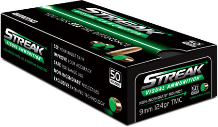 Ammo Inc 9124TMCSTRKGRN50 Streak Visual (GREEN) Total Metal Case 124 Grain 9mm Luger/Parabellum 1065 fps