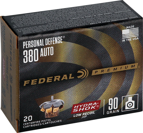 Federal PD380HS1H Premium Personal Defense Low Recoil Hydra-Shok Jacketed Hollow Point 90 Grain .380 ACP/Auto 1000 fps