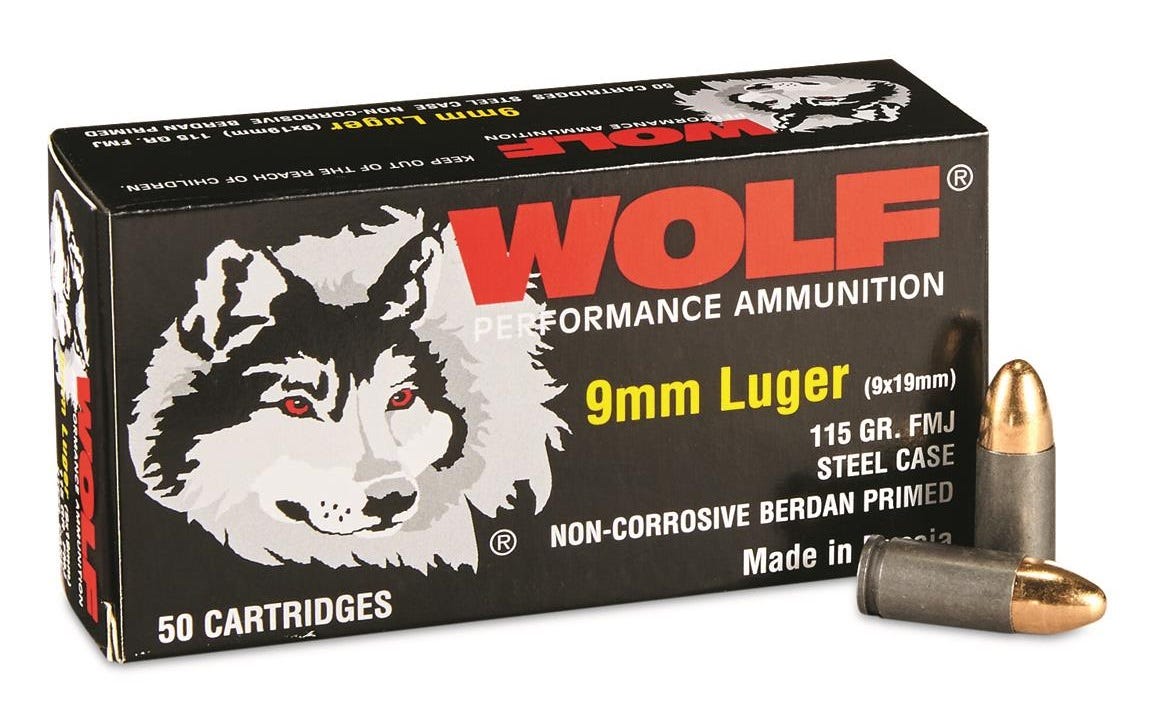 Wolf Performance 9mm Luger 115 Grain Full Metal Jacket(FMJ) Steel Case