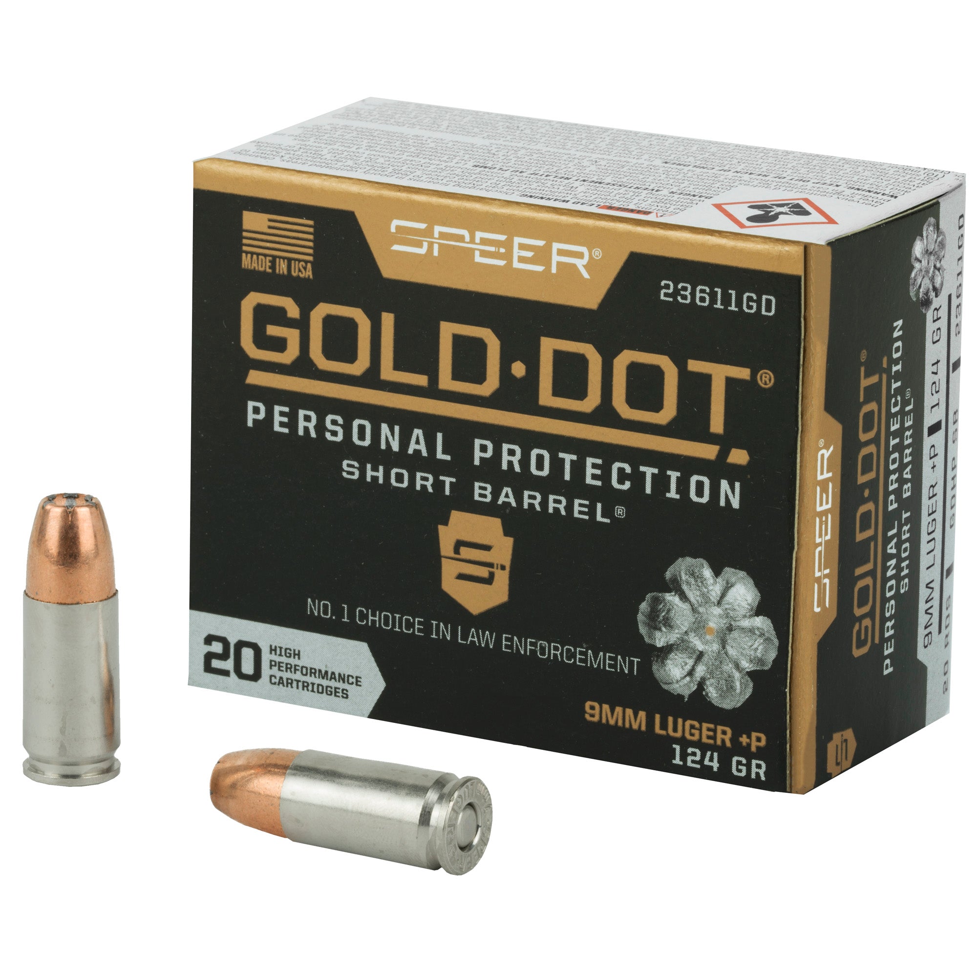 Speer 9mm Luger / Parabellum Gold Dot +P Personal Protection Short Barrel 124gr JHP Ammo