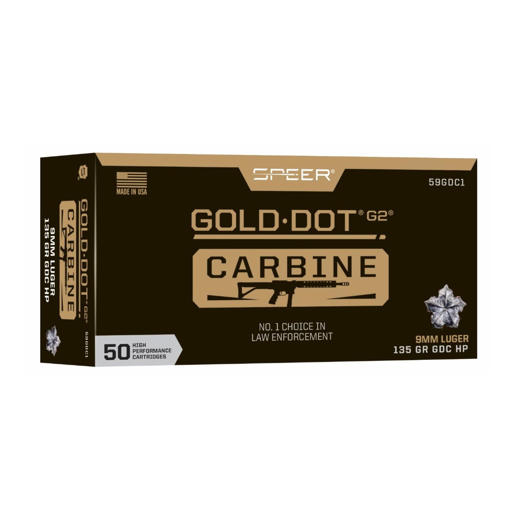 Speer 9mm Luger / Parabellum Gold Dot Carbine 135gr JHP Ammo