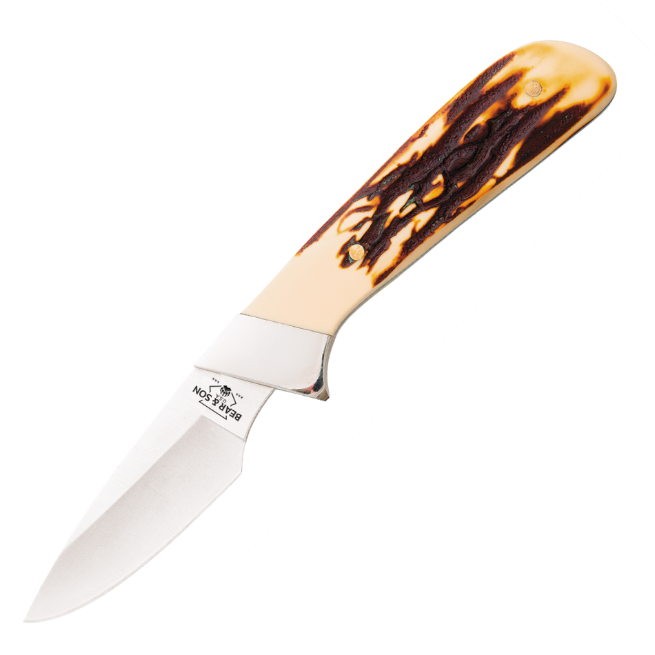Bear & Son Stag Delrin Invincible Skinner Knife 2-3/4" Drop Point Blade Stag