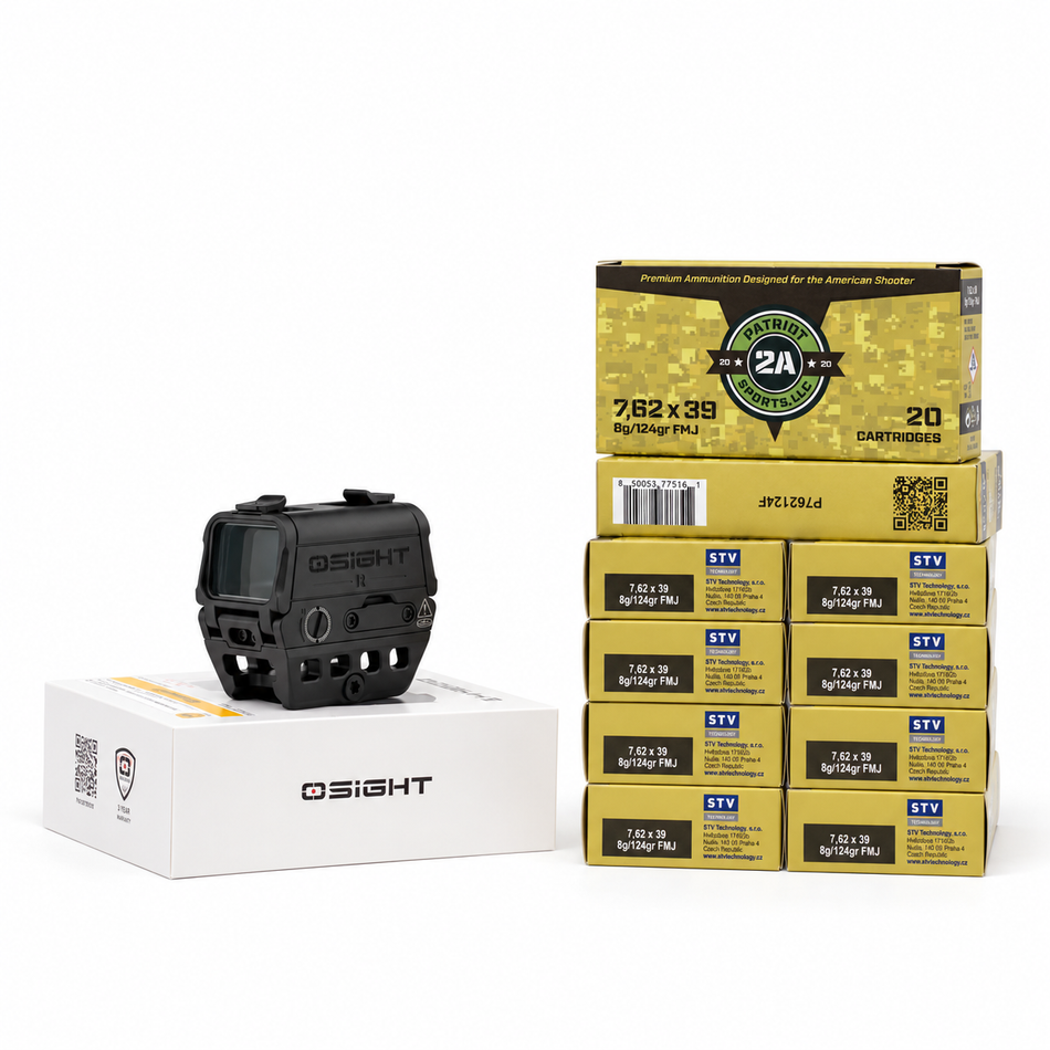Osight R 2 MOA Dot/65 MOA Circle Multi-Reticle Rifle Optic + Patriot Sports 762x39 200ct Ammo Bundle