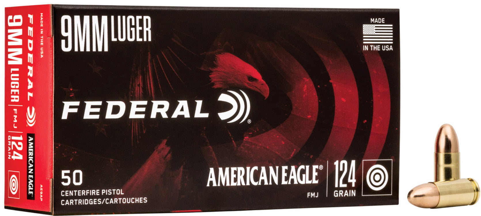 Federal 9mm Luger American Eagle 124gr FMJ Ammo