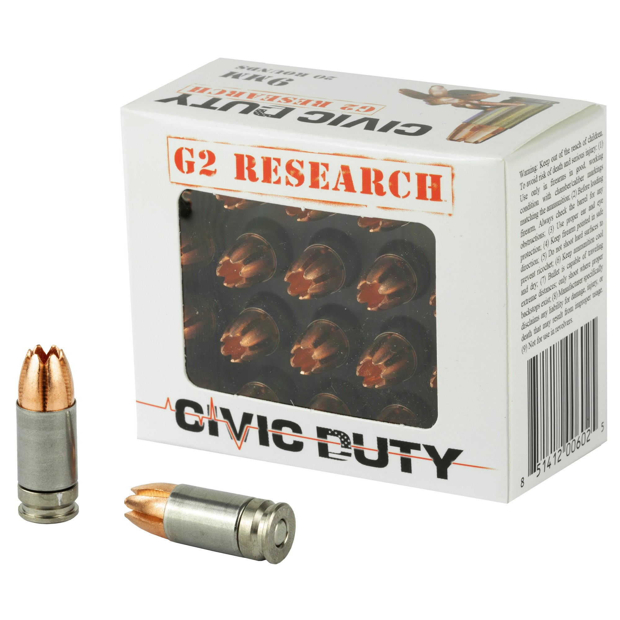 G2 Research 9mm Luger Civic Duty 100gr Copper Expansion Projectile Ammo