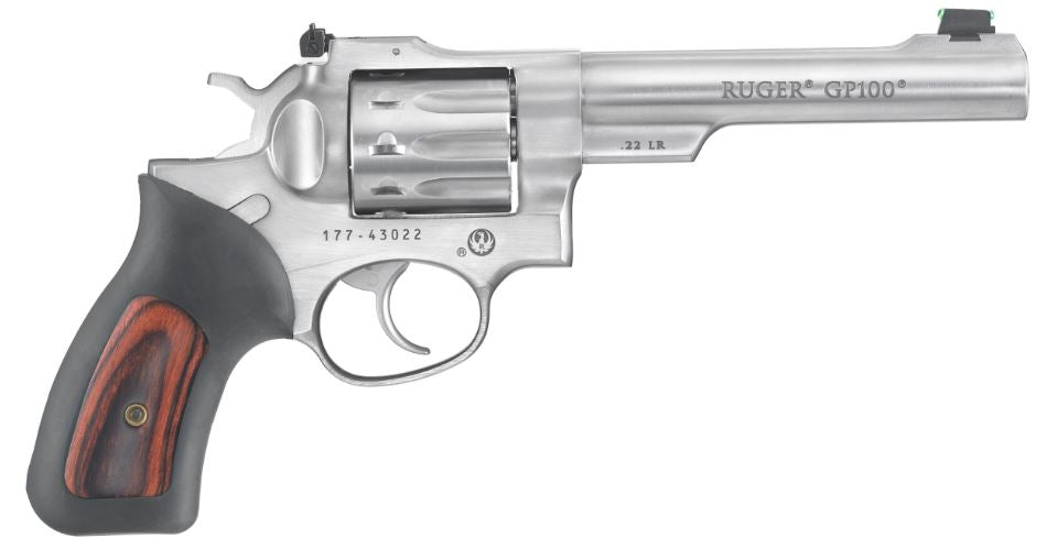 Ruger 1757 GP100 Medium Frame 22 LR 10rd 5.50" Satin Stainless Barrel, Frame & Cylinder, Black Rubber w/Wood Insert Grip, Transfer Bar Safety, Exposed Hammer