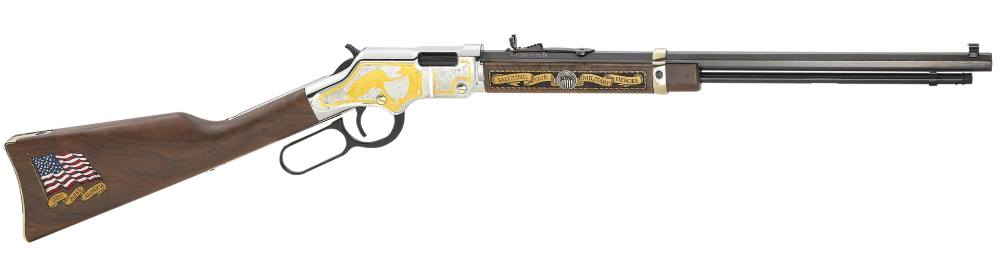 Henry H004MS2 Golden Boy Military Service Tribute 2 Full Size 22 Short, 22 Long, 22 LR, 16 LR/21 Short, 20" Blued Barrel, Nickel-Plated Metal Finish & American Walnut Stock Right Hand