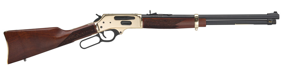 Henry H02435 Side Gate Full Size 35 Rem 5+1 20" Blued Steel Barrel, Brass Polished Drilled & Tapped Brass Receiver, American Walnut Fixed Stock, Right Hand