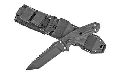 Hogue EX-F01, Fixed Blade Knife, 5.5" Tanto Blade with Broad Rear Saw Teeth, Black Cerakote Finish, A2 Tool Steel, G10 Black Handle Includes Retention Sheath 35129