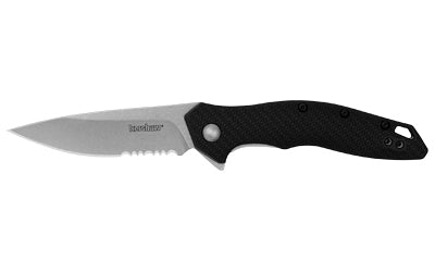 Kershaw Shoreline, Folding Knife, Assisted Oppening, 3" Spear Point Blade, Combination Edge, 8Cr13MoV Blade Steel, 7.1" Overall Length, Liner Lock, Stone Washed Finish, Silver, Black Glass Filled Nylon Handle 1845ST