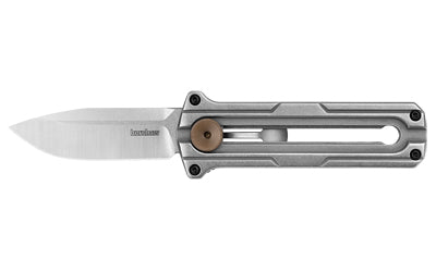 Kershaw Cybernet, Folding Knife, Out the Front, Plain Edge, D2 Blade Steel, Satin Finish, Silver, Stainless Steel Handle, Sliding Button Lock, 2.4" Blade, 5.95" Overall Length, Includes Pocket Clip 2046