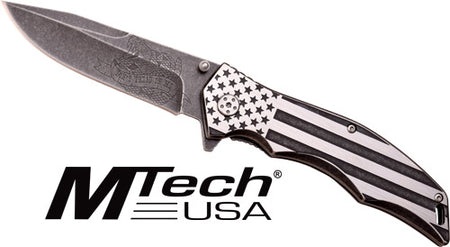 MC MTECH 3.75" DROP POINT FOLDER BLACK/WHITE FLAG SS