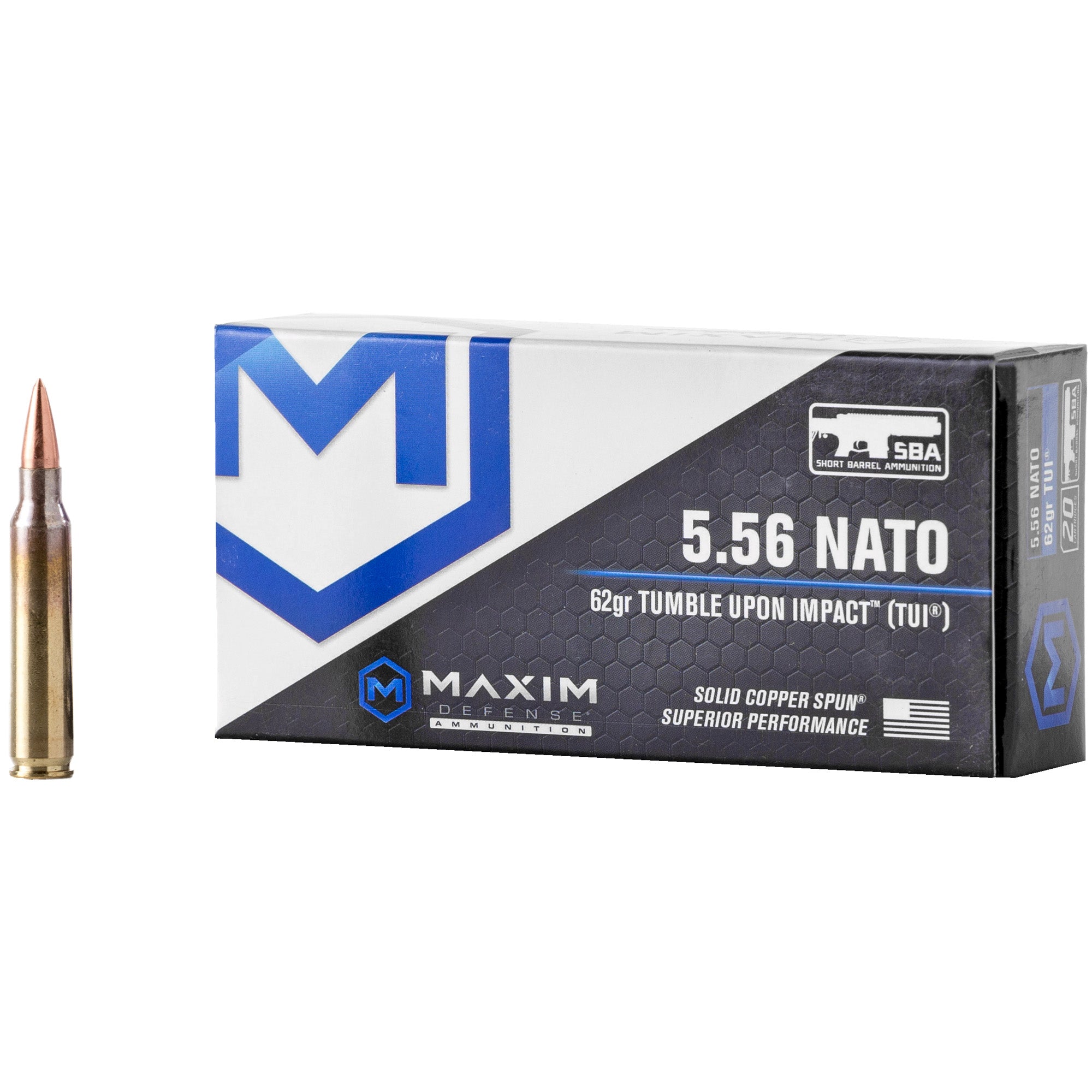 Maxim Defense 5.56x45mm NATO SBA Short Barrel Ammunition 62gr Solid Ammo