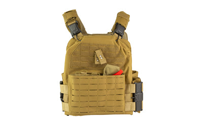Quick Release Laser Cut Plate Carrier, Tan, Size 2XL, Metal Buckles at Shoulders and Sides, Side Plate Panel Pockets fit 6"x11" Side Plates, Laser Cut MOLLE Slots, Kangaroo Pouch, Adjustable Cummerbund, Main Pouch Fits 11"x14" Hard Plates