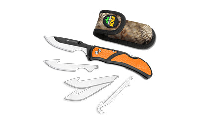 Outdoor Edge Razorcape, Folding Knife, Plain Edge, 3" Blades, Black Oxide Finish, 420J2 Stainless Steel, Orange Handle, Includes (2) Caping Blades, (2) Drop Point Blades, and (1) Gutting Blade RCB30-10C