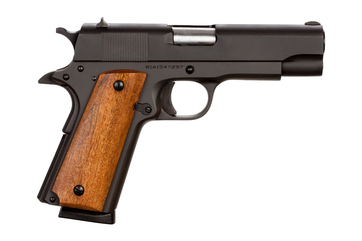 Rock Island 51417MA GI Standard MS *MA Compliant 45 ACP Caliber with 4.20" Barrel, 8+1 Capacity, Overall Black Parkerized Finish Steel, Beavertail Frame, Serrated Slide & Wood Grip
