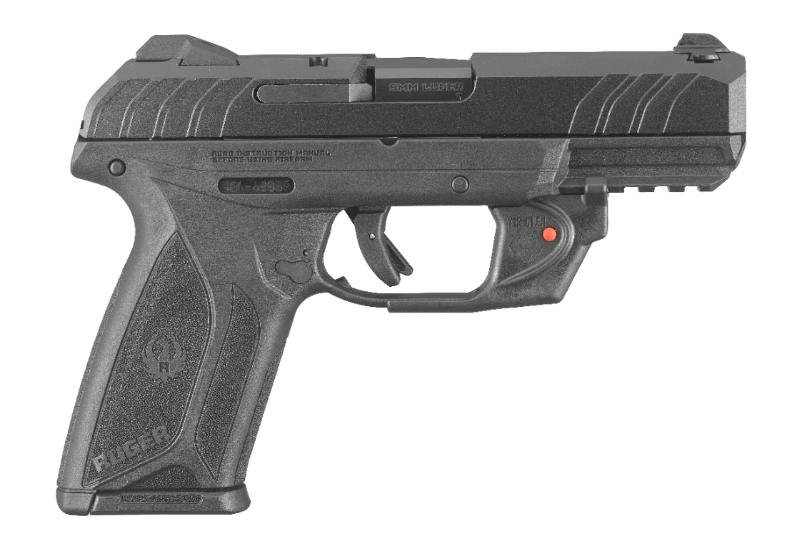 Ruger 3816 Security-9 9mm Luger 4" Barrel 15+1, Black Polymer Frame With Picatinny Acc. Rail, Front Serrated Black Oxide Steel Slide, Manual Safety, Includes Viridian Red Laser