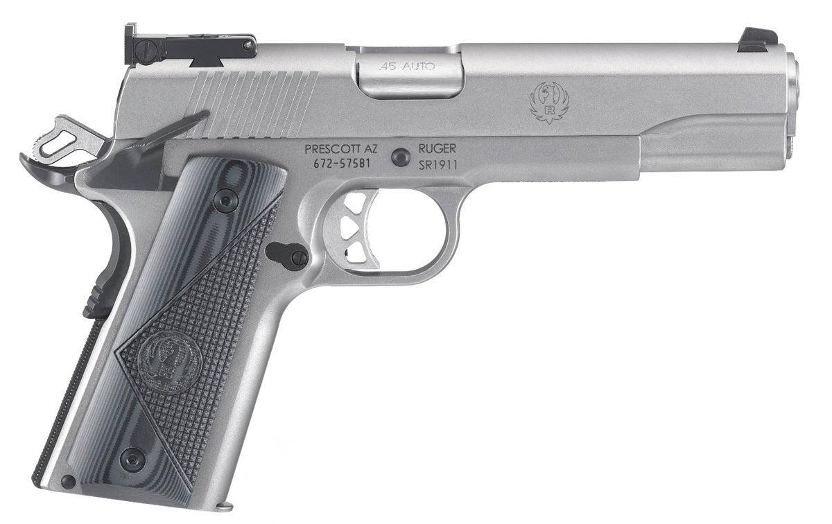 Ruger 6736 SR1911 Target 45 ACP 8+1 5" Stainless Steel Barrel, Low-Glare Serrated Stainless Steel Slide, Stainless Steel Frame w/Beavertail, Deluxe Checkered G10 Grip, Right Hand