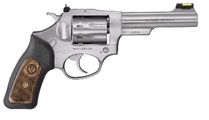 Ruger 5765 SP101 22 LR 8rd 4.20" Satin Stainless Steel Barrel, Cylinder & Frame, Black Rubber w/Wood Insert Grip, Transfer Bar Safety, Exposed Hammer