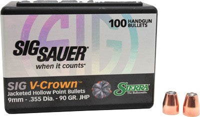 SIERRA BULLETS 9MM .355 90GR JHP SIG V-CROWN 100CT
