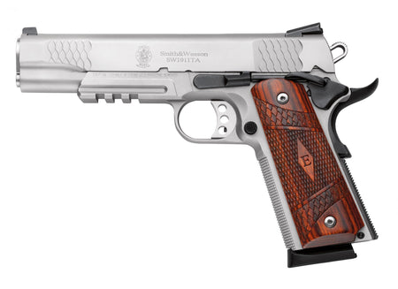 Smith & Wesson 108411 1911 E-Series 45 ACP 5" Barrel 8+1, Satin Stainless Steel Frame & Slide, Laminate Wood E Series Grip, Tactical Accessory Rail, Manual Grip & Thumb Safety