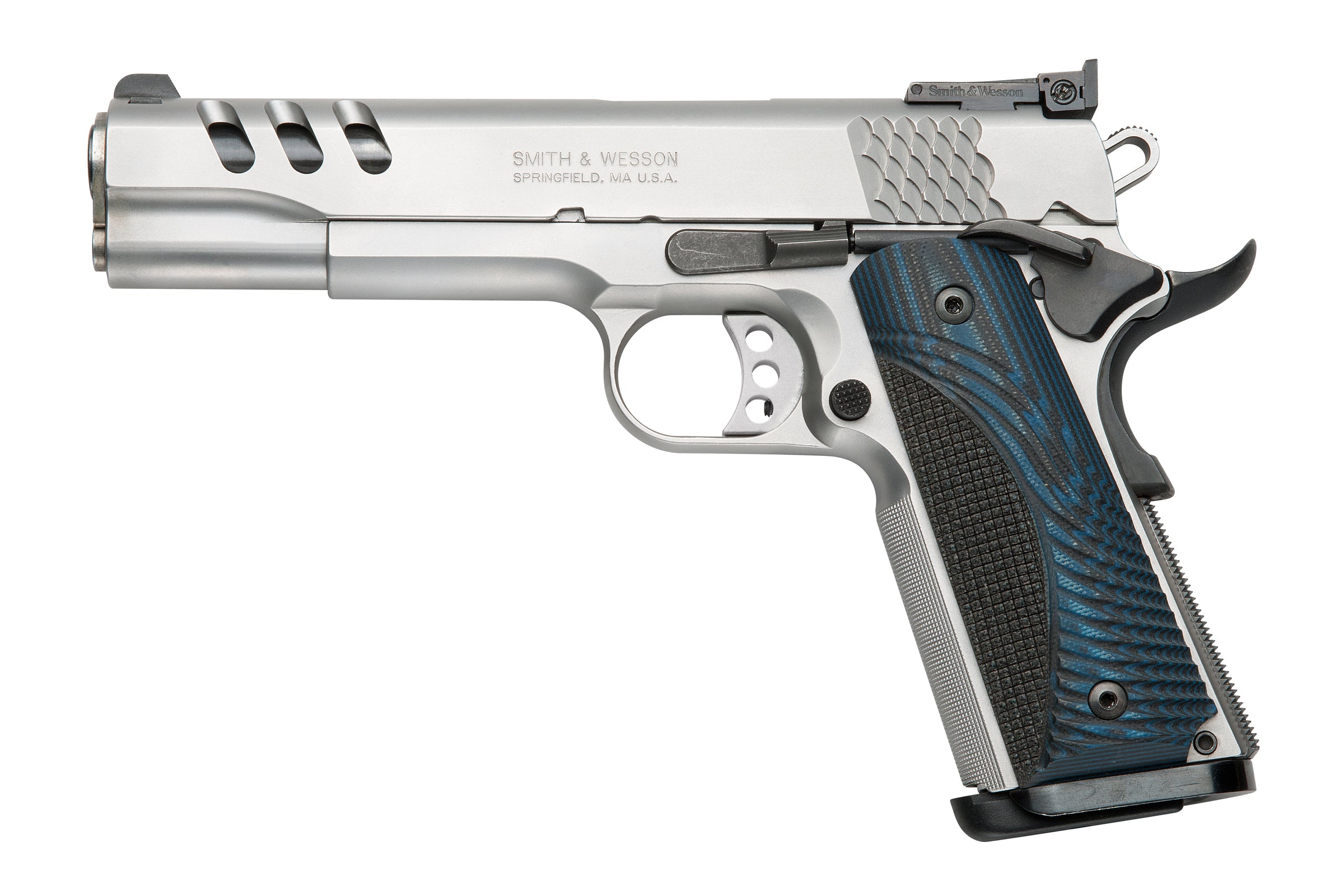 Smith & Wesson 170343 1911 Performance Center 45 ACP 5" Throated Barrel 8+1, Matte Stainless Steel Frame & Ported Slide, G10 Custom Wood Grip, Ambidextrous Manual Safety