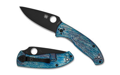 Spyderco Tenacious, Folding Knife, 3.35" Drop Point Blade, D-2 Blade Steel, 7.74" Overall Length, R.I.L. Lock, Black Oxide Finish, Black Blade, Blue Titanium Handle with Disarray Finish C122TIBLBKD2P