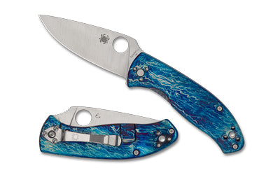 Spyderco Tenacious, Folding Knife, 3.35" Drop Point Blade, D-2 Blade Steel, 7.74" Overall Length, R.I.L. Lock, Satin Finish, Silver Blade, Blue Titanium Handle with Disarray Finish C122TIBLD2P