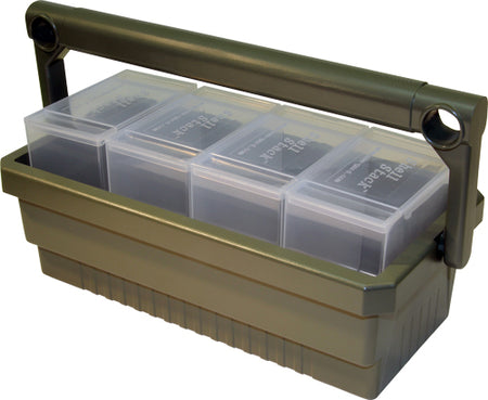 MTM SHOTSHELL BOX CADDY W/ 4 SS25 RND CLEAR SHOTSHELL BOXES