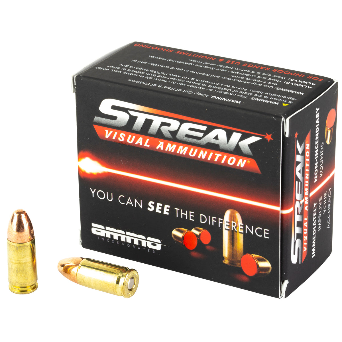 Streak 9124TMCSTRKRED Streak Visual (RED) Tracer Total Metal Jacket 124 Grain 9mm Luger/Parabellum 1065 fps