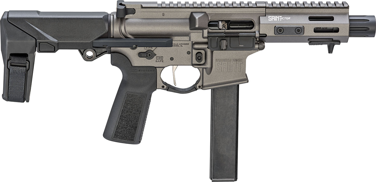 Springfield Armory STV95509T-PDW SAINT Victor PDW 9mm Luger 32+1 5.50" Tungsten Gray Cerakote Aluminum Receiver w/Picatinny Rail, Black Polymer SB Tactical HBPDW Brace, Black Polymer Grip