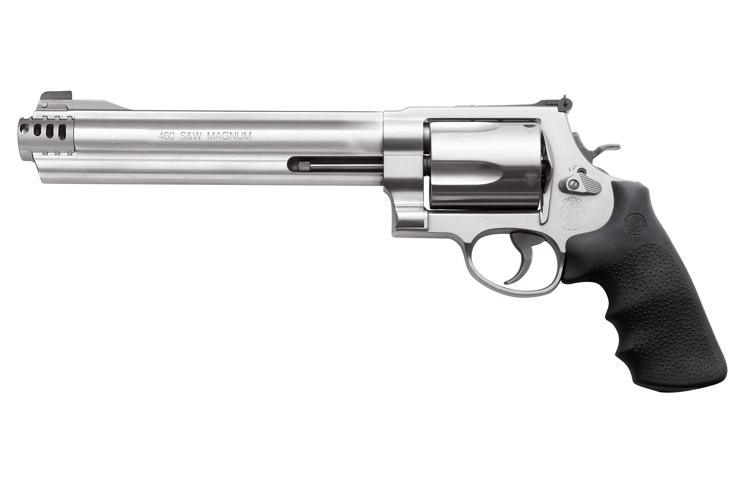 Smith & Wesson 163460 Model 460 XVR Extra Large 460 S&W Mag 5 Shot 8.38" Satin Compensated Barrel, Satin Cylinder, Satin Stainless Steel Frame, Black Finger Grooved Grip, Exposed Hammer