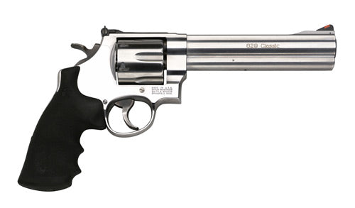 Smith & Wesson 163638 Model 629 Classic 44 Rem Mag or 44 S&W Spl Stainless Steel 6.50" Barrel & 6rd Cylinder, Satin Stainless Steel N-Frame, Red Ramp Front/White Outline Rear Sights
