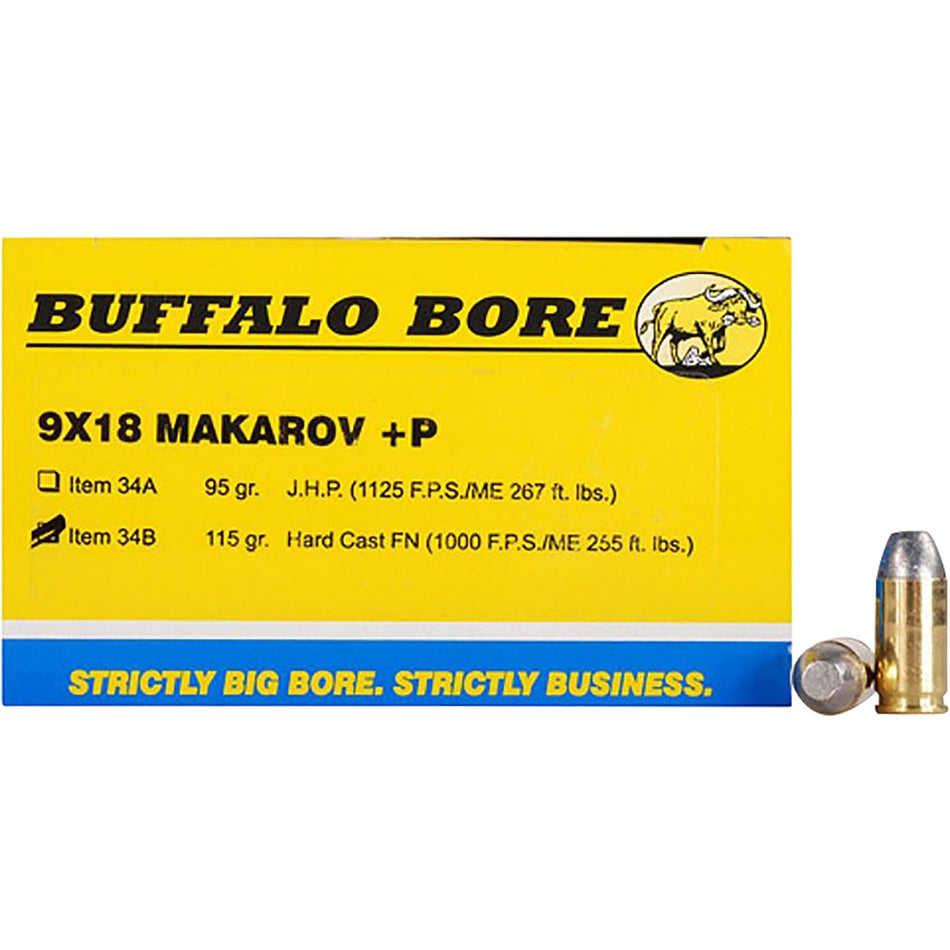 Buffalo Bore 9x18 Makarov +P Strictly Business 115gr HCFN Ammo