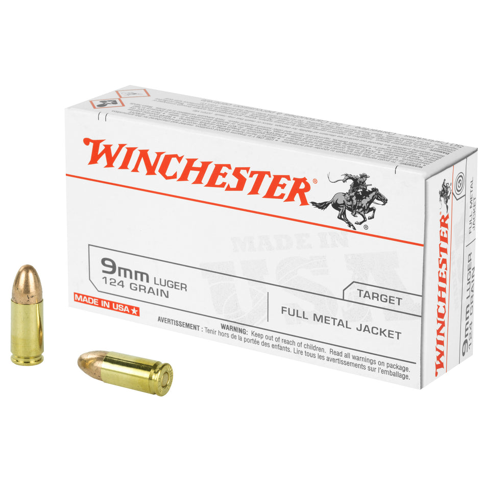 Winchester USA Pistol Ammo 9mm Luger 124 gr. FMJ 50 rd.
