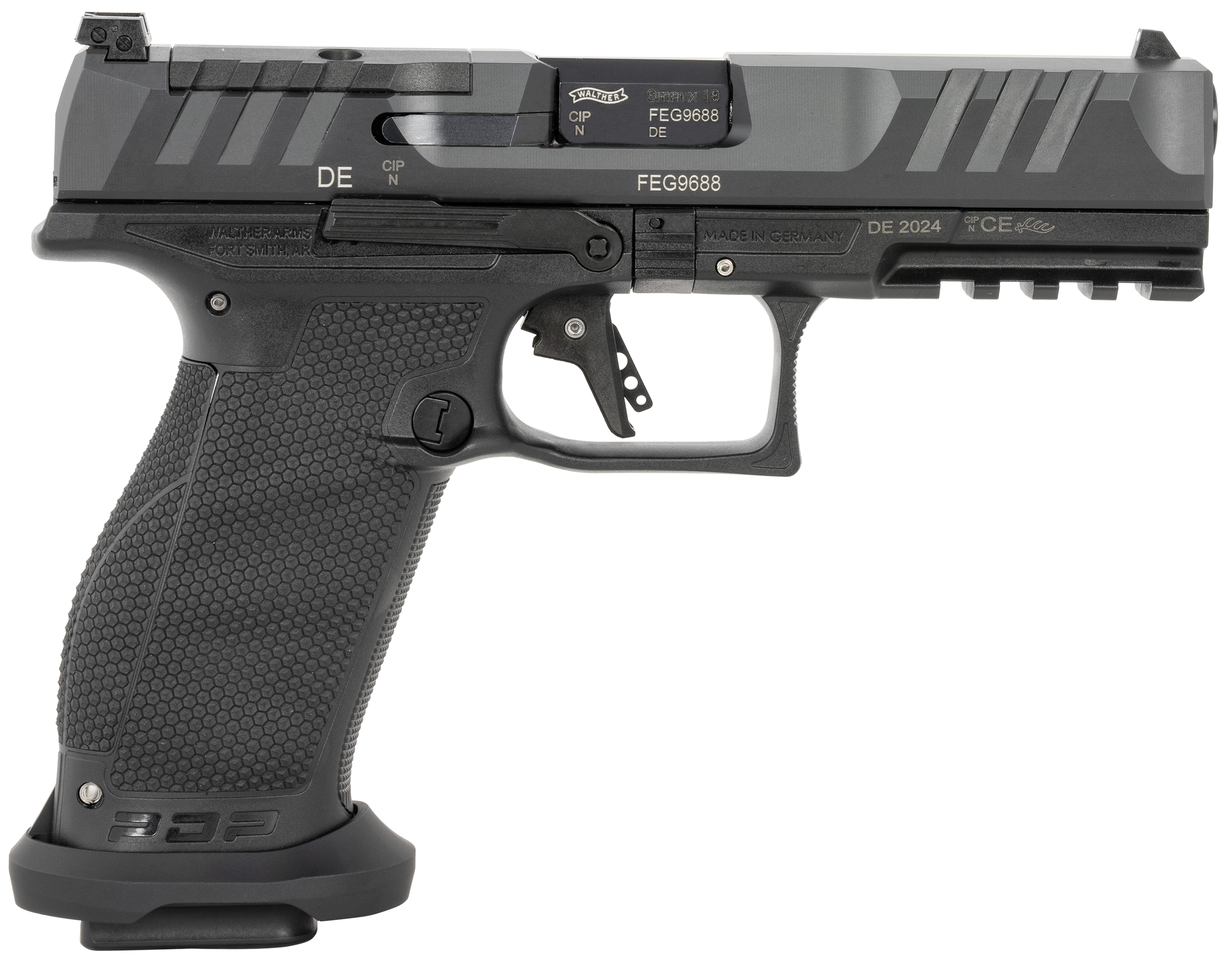 Walther, PDP Pro-E, Striker Fired, Semi-automatic, Polymer Frame Pistol, Full Size, 9MM, 4.5" Barrel, Nitride Finish, Black, Adjustable Sights, Optics Ready, 20 Rounds, 3 Magazines