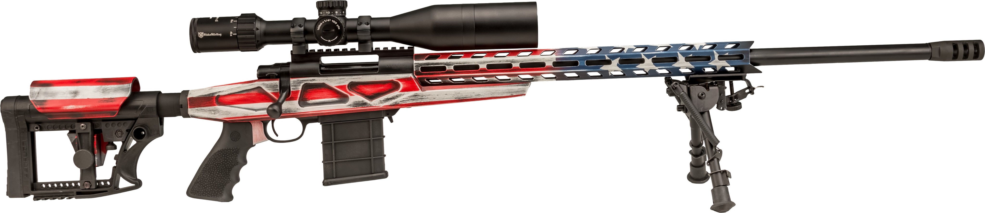 Howa HCRA72507USKMDT M1500 APC Chassis 6.5 Creedmoor 24" Blued Heavy Barrel 10+1 (3 Mags), American Flag Cerakote 6 Position Luth-AR MBA-4 w/Aluminum Chassis Stock, Includes Bipod and Grips