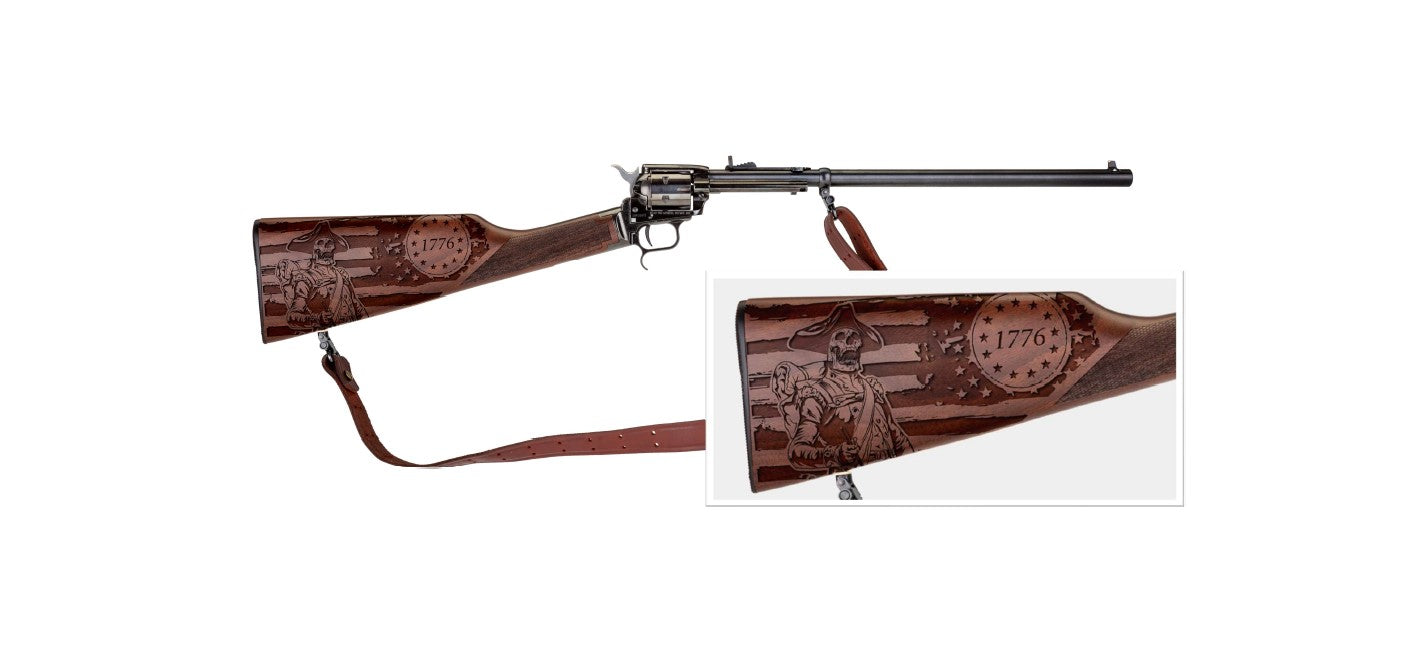 Heritage Mfg BR226B16HSWB15 Rough Rider Rancher 22 LR 6rd 16", Blued Barrel/Rec, Independence Day Engraved Walnut Stock, Leather Sling Included