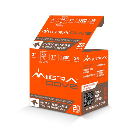 Migra Ultimate Dove Hi-Brass Lead Shotshells 20ga 3" 1-1/4oz #7.5 & 9 Shot 25/ct 1300 FPS