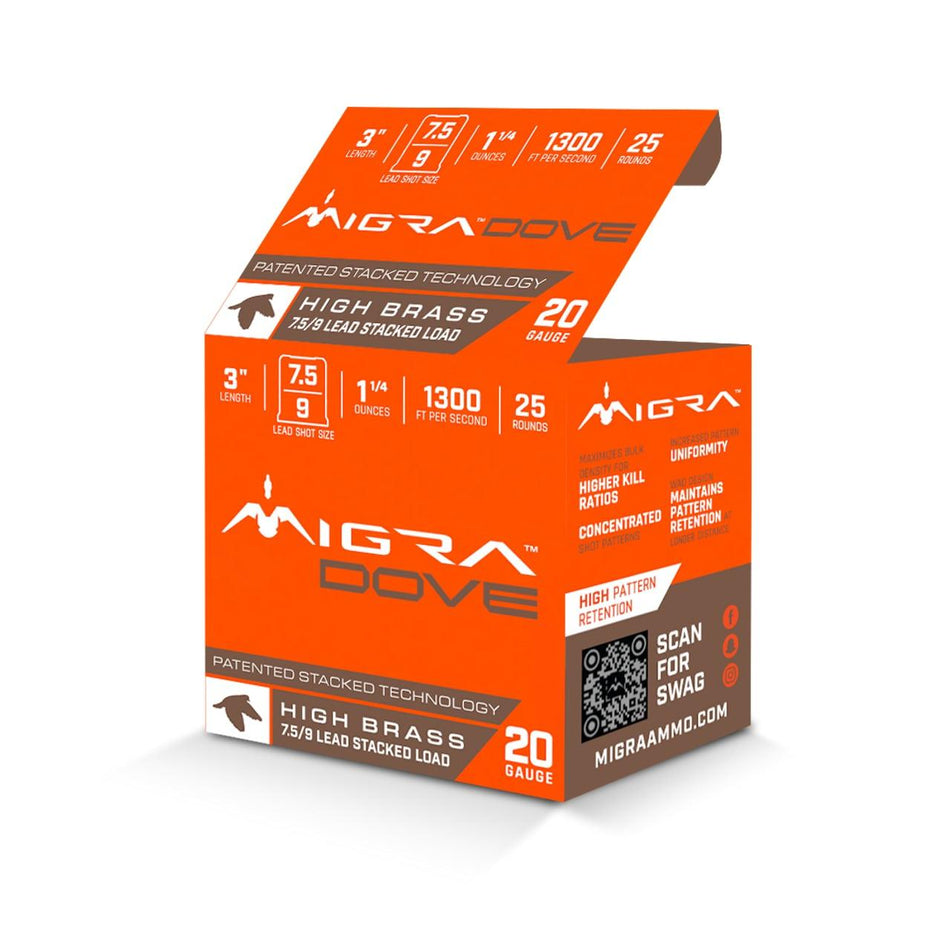 Migra Ultimate Dove Hi-Brass Lead Shotshells 20ga 3" 1-1/4oz #7.5 & 9 Shot 25/ct 1300 FPS