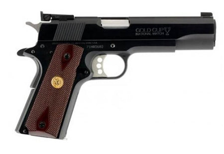 Colt Mfg O5873A1 1911 Gold Cup 38 Super Caliber with 5" National Match Barrel, 9+1 Capacity, Overall Blued Finish Steel, Serrated Slide & Double Diamond Checkered Rosewood Grip