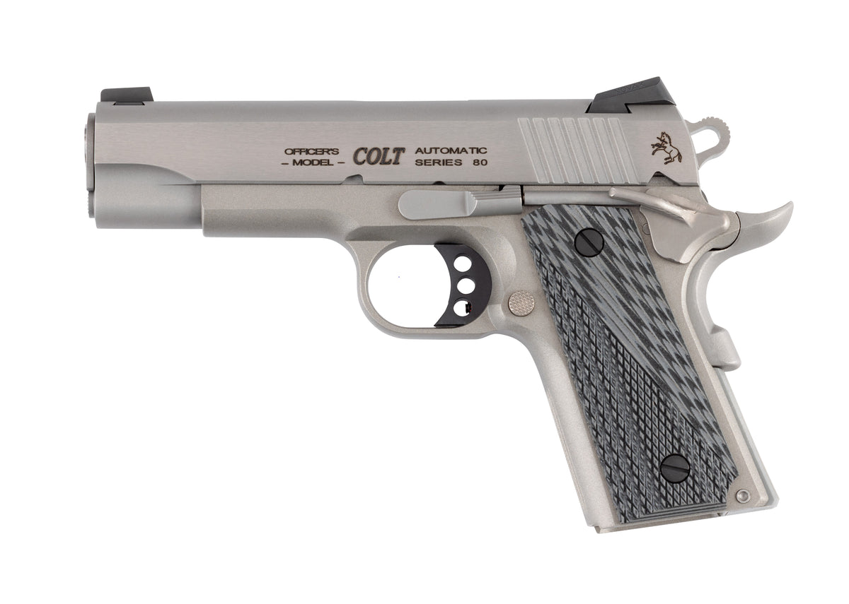 Colt Mfg O9840XE Officer Lightweight 45 ACP 7+1 4.25" Stainless Steel Barrel, Stainless Cerakote Stainless Steel Serrated Slide, Stainless Cerakote Aluminum Frame w/Beavertail, Black/Gray G10 Grip